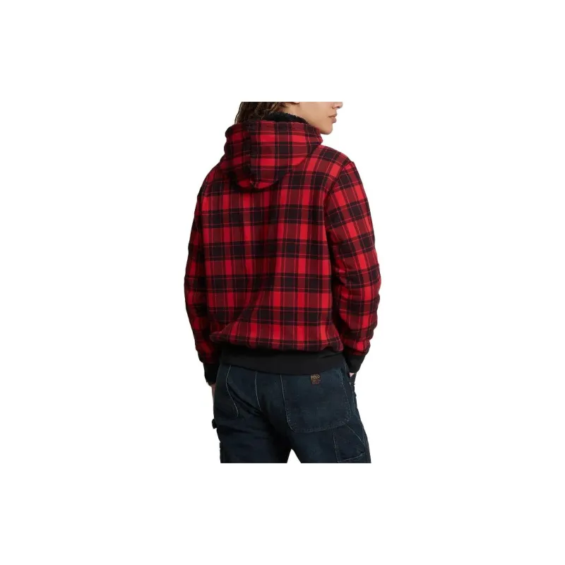 Polo Ralph Lauren Plaid Pile Fleece Hoodie Sweatshirt Men's Red-3