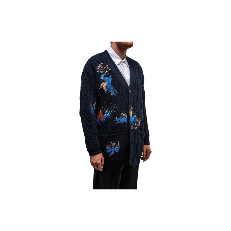 Valentino Navy Blue Utopia World Wool Cardigan Sweater Men's Blue-4