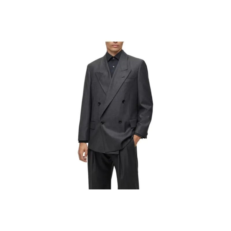 HUGO BOSS Double-Breasted Suit In Checked Virgin Wool Business Suits Men's Dark Gray-2