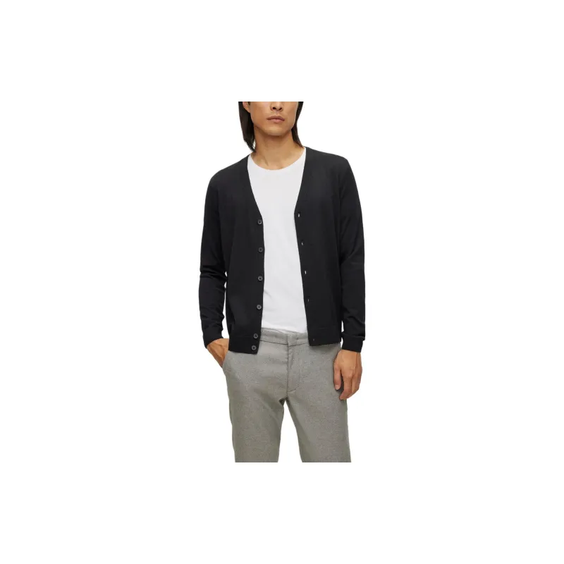 HUGO BOSS Button Up Cardigan In Virgin Wool With Embroidered Logo Sweater Men's Black-3