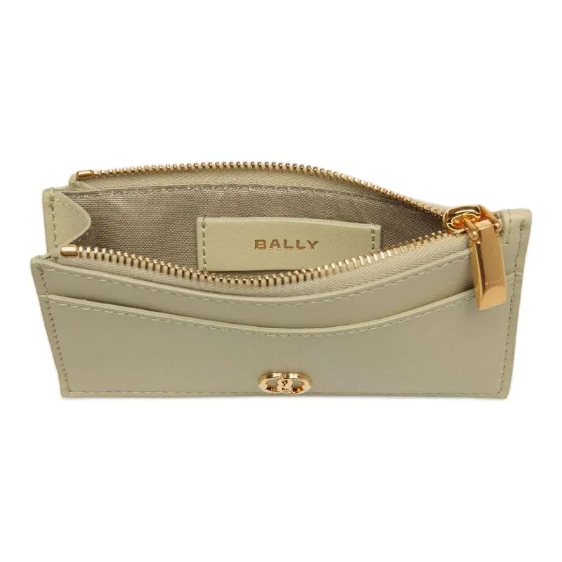 BALLY Emblem Solid Color Calfskin Zip Closure Coin And Card Holder Women's Light Green-3