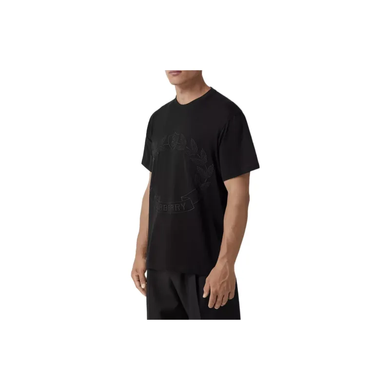 Burberry Solid Color Logo Pattern Embroidery Crew Neck Short-Sleeved T-Shirt Men's Black-4