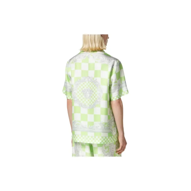 VERSACE Medusa Print Checkered Silk Shirt-4
