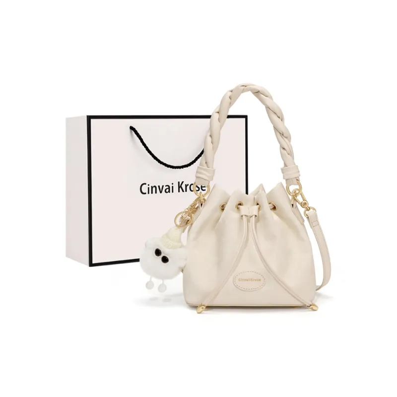 CinvaiKrose PU With Synthetic Leather Bucket Bags One Shoulder Handbags Small Size Women's Cream White/Pink/Black-0