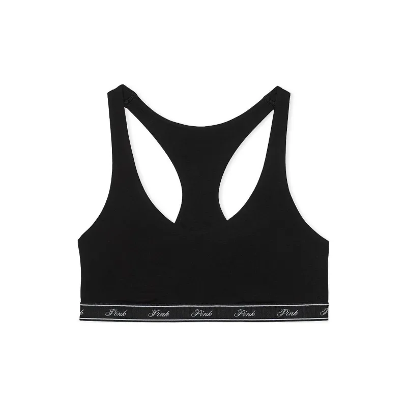 Victoria's Secret PINK Bralettes Tops Cotton Logo Racerback Bralette/PB Bra Women's Pure Black-0