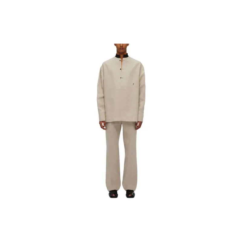 Ferragamo Collarless Logo-embroidery Linen Shirt-2