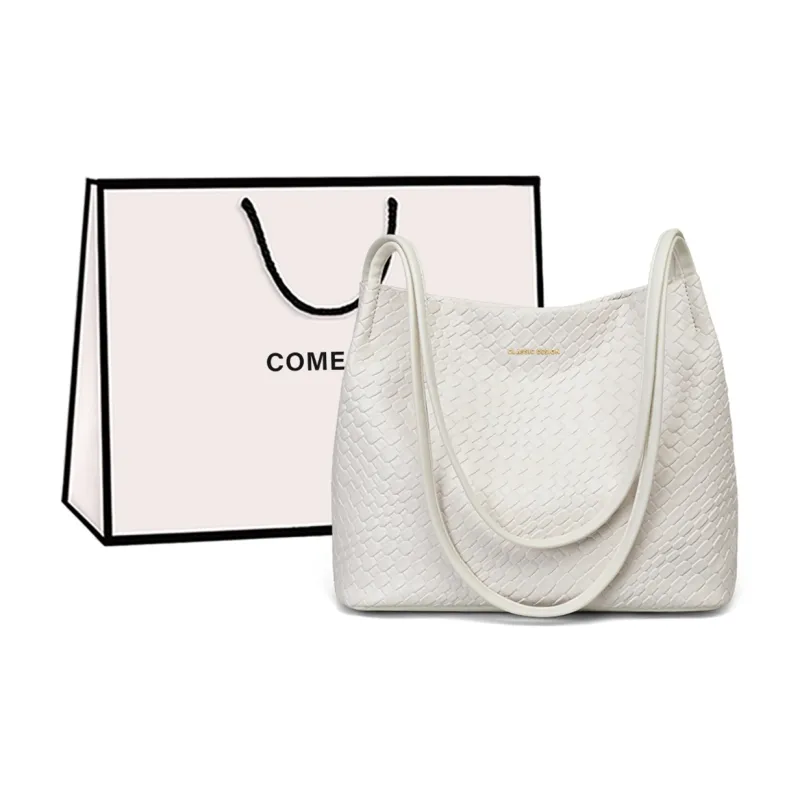 COMELY Synthetic Leather Tote Handbag, Shoulder Bag Regular Medium Size Women's White-0