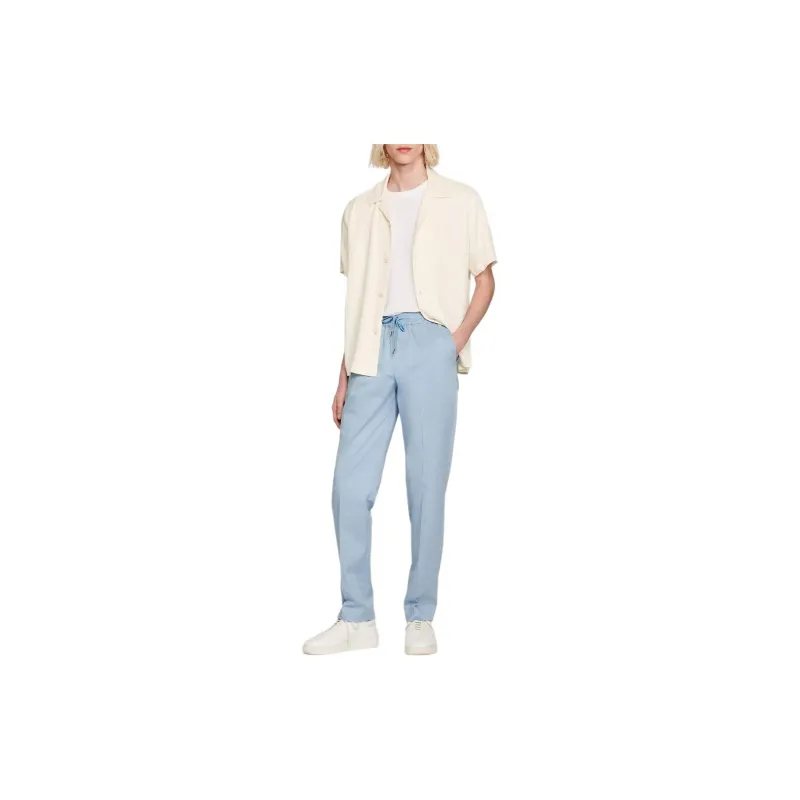 Sandro Mavi Belden Bağlamalı Düz Kesim Pantolon Casual Pants Men's Blue-3