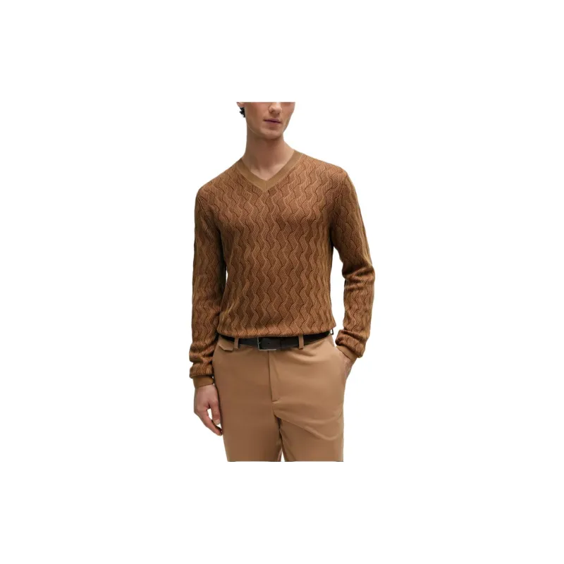 HUGO BOSS Aran-Knit Sweater In Two-Tone Silk Sweater Men's Brown-1