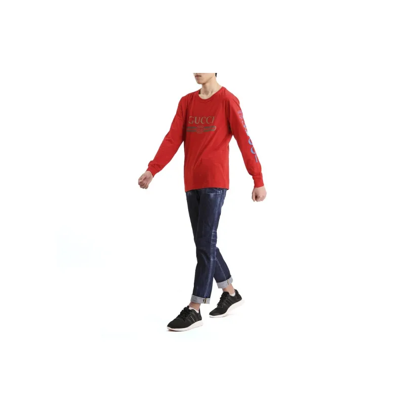 GUCCI Men Letter Print Pullover Crewneck Sweatshirt Red-4