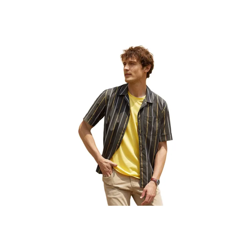 GOLDLION Shirt Men's Coffee Yellow Stripe-1