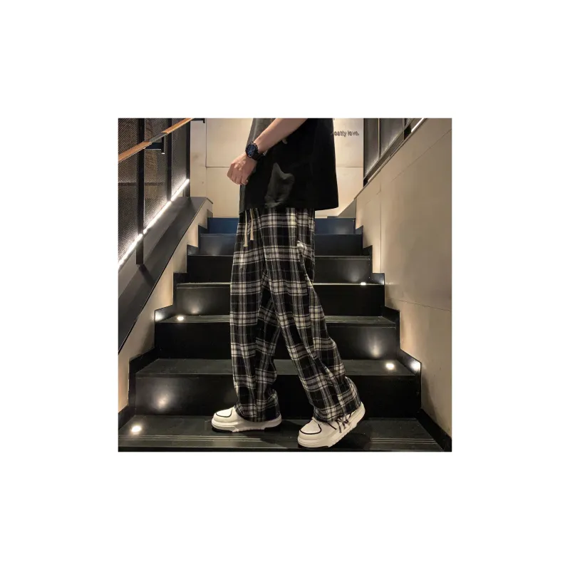 ZONEiD Casual Pants Unisex Black White Plaid-3
