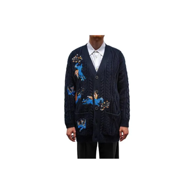 Valentino Navy Blue Utopia World Wool Cardigan Sweater Men's Blue-2