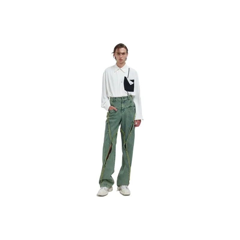 TIWILLTANG Raw Edge With Center Waist Closure Jeans-3