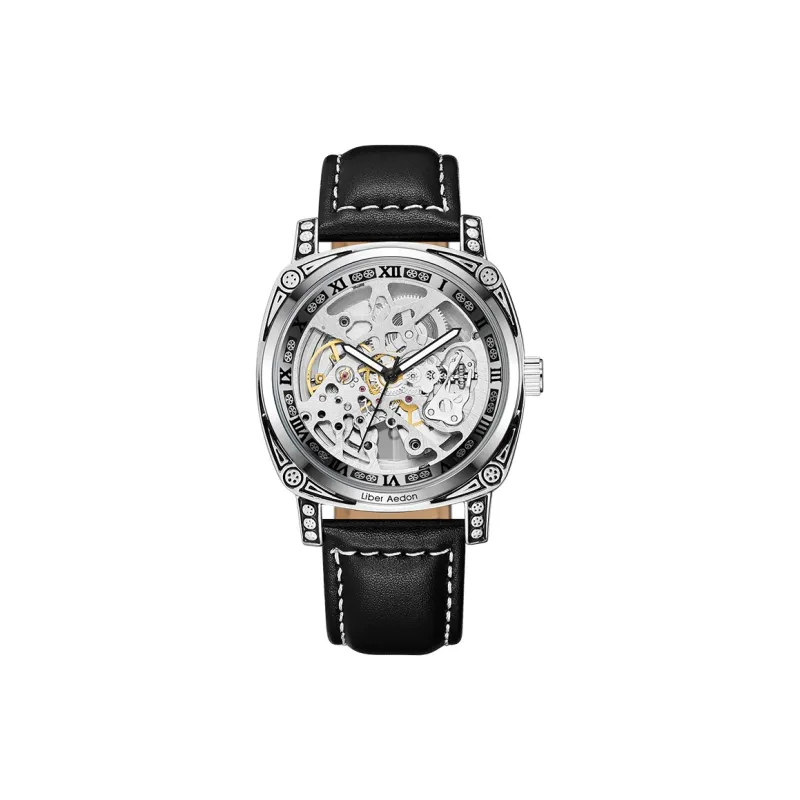 LIBER AEDON Wrist Watch Automatic Mechanical Movement Genuine Leather Strap Cut Out Dial Men's Watches-16