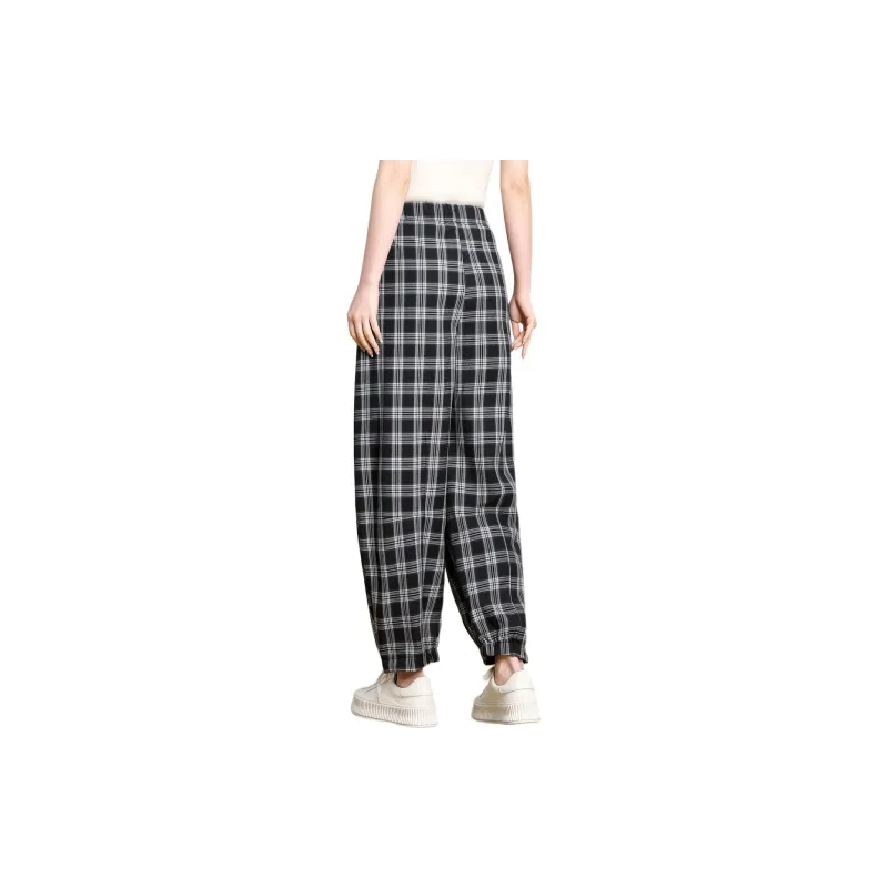 FENHONGMALI Casual Pants Women's Black White Plaid-1