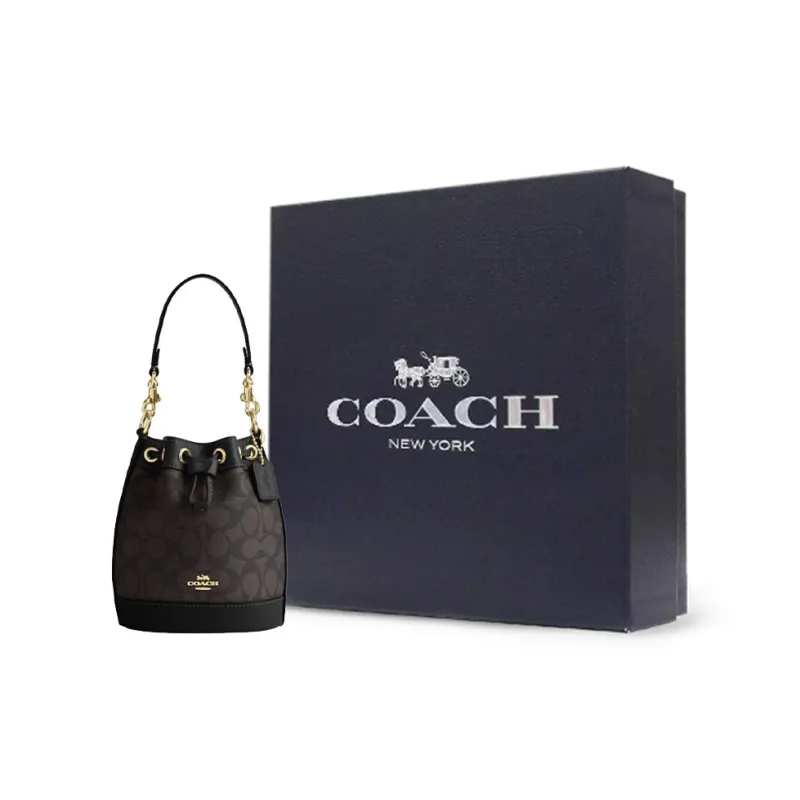 COACH Dempsey PVC With Leather Bucket Bag, One Shoulder Handbag, Crossbody Bag Mini Women's Dark Brown-6