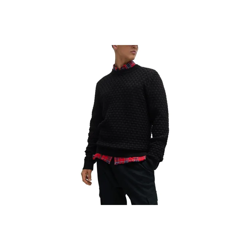 HUGO BOSS Relaxed Fit Pure Cotton Sweater With 3d Knitted Pattern Sweater Men's Black-3