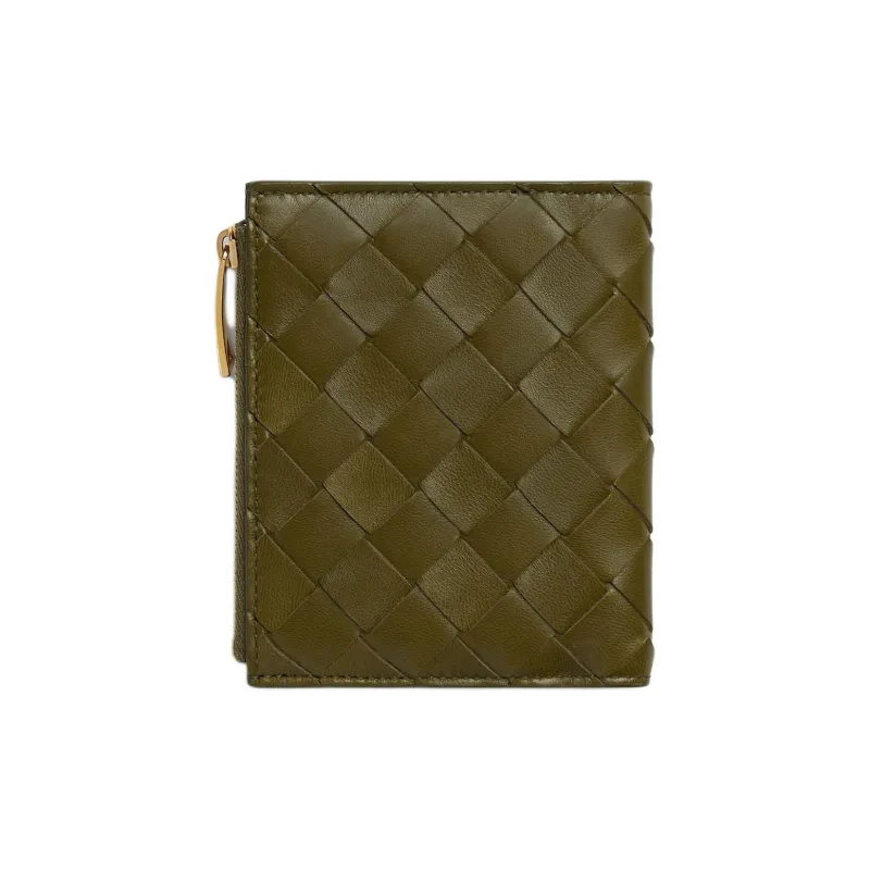 Bottega Veneta Intrecciato Calfskin Combined With Lambskin Wallet Small Size Women's Olive Green-1