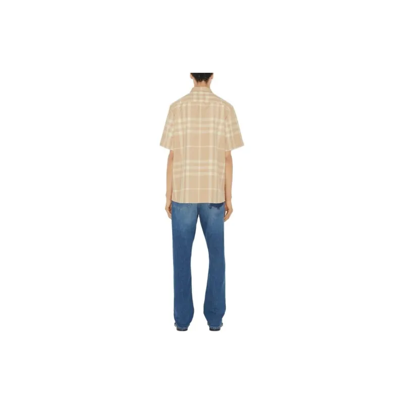 Burberry SS23 Check Stripe Single-Breasted Collar Short Sleeve Shirt Beige-2
