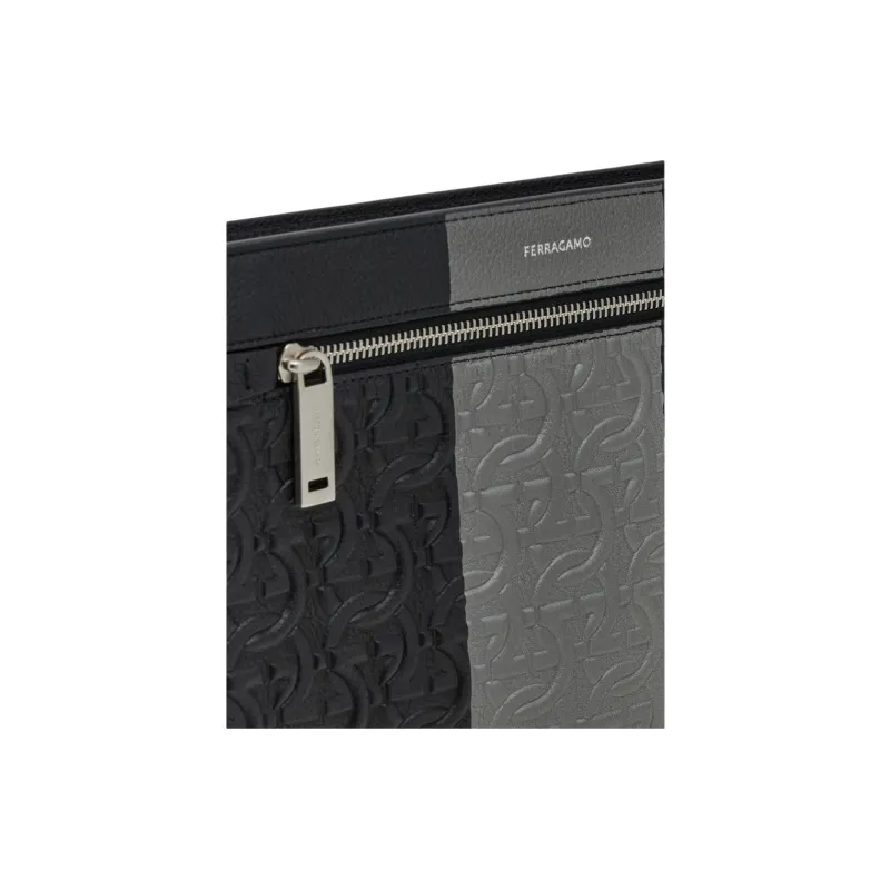 FERRAGAMO GANCINI Embossed Calfskin Clutch Men's Black & Gray-4