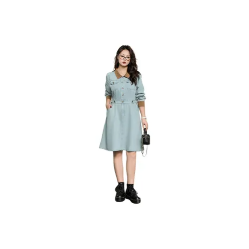 DAMABAIFENBAI Long-Sleeved Dresses Women's Nostalgic Blue