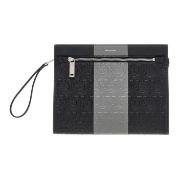 FERRAGAMO GANCINI Embossed Calfskin Clutch Men's Black & Gray