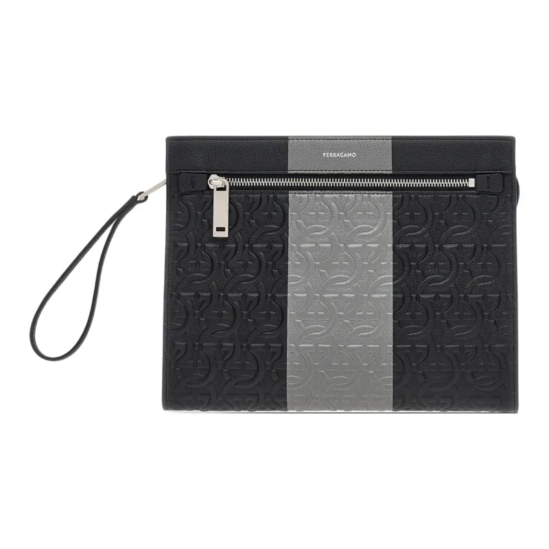 FERRAGAMO GANCINI Embossed Calfskin Clutch Men's Black & Gray-0