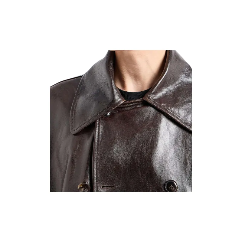 GIORGIO ARMANI Leather Double Breasted Long Sleeved Coat-5