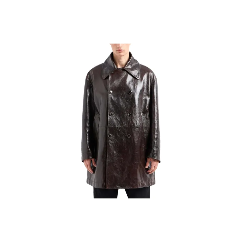 GIORGIO ARMANI Leather Double Breasted Long Sleeved Coat-3