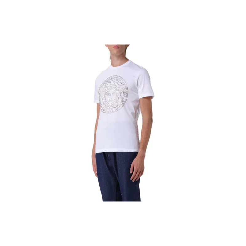 VERSACE Crew Neck Short Sleeved Rhinestone Print Pullover Short Sleeved T Shirt Men's White-5