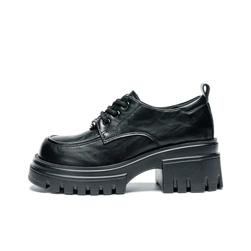 EXULL Q Round Tip Lace Up British Style Women's Casual Shoes 6CM Women's Black-0