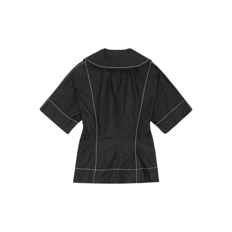 GANNI Contrast Piping Side tied Wrap Blouse-1