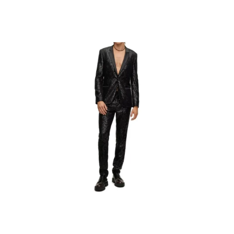 HUGO BOSS Trousers In Sequinned Performance Stretch Satin Casual Pants Men's Black-4