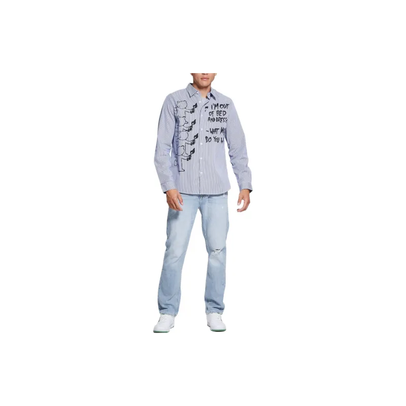 GUESS Striped Teddy Graffiti Woven Shirt Shirt Men's Blue Purple-2