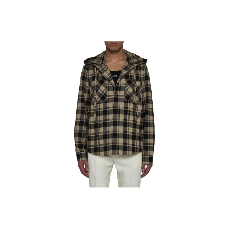 OFF WHITE Checked Curved Hem Hooded Shirt-2