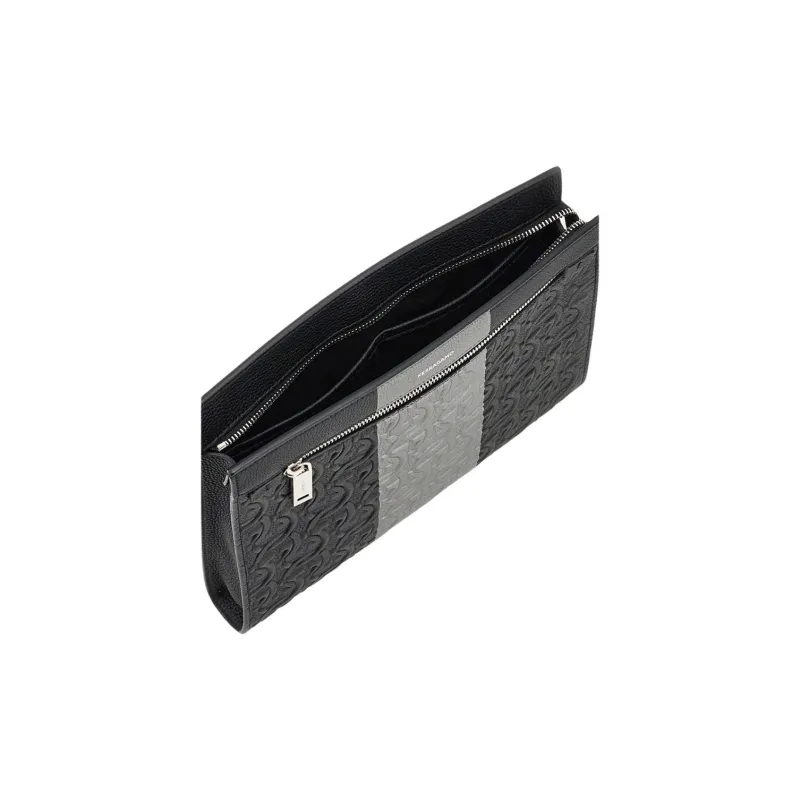 FERRAGAMO GANCINI Embossed Calfskin Clutch Men's Black & Gray-3