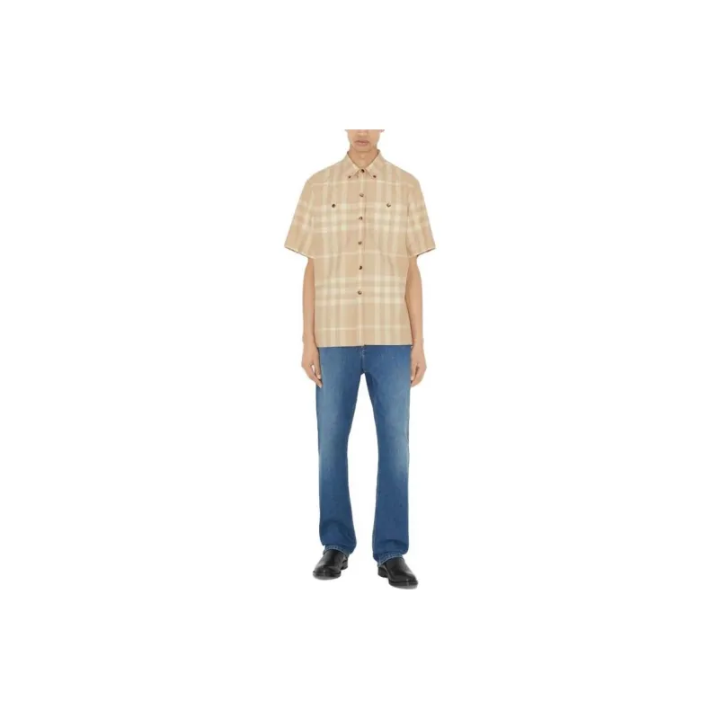 Burberry SS23 Check Stripe Single-Breasted Collar Short Sleeve Shirt Beige-1