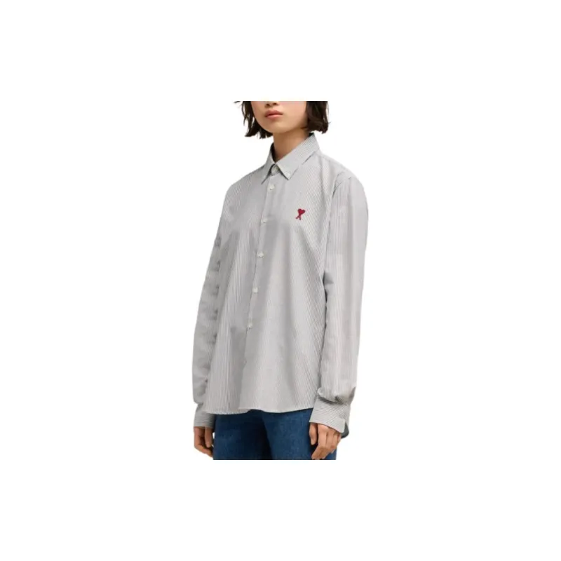 Ami Paris Ami De Coeur Logo Embroidered Pinstriped Shirt-3