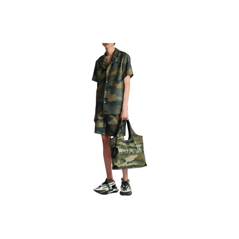 BALMAIN Camouflage Monogrammed Shantung Short-Sleeved Shirt-4