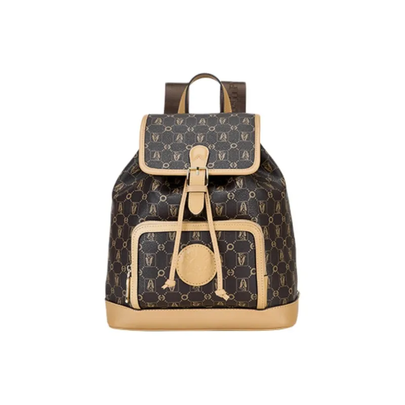 Hush Puppies Synthetic Leather Cow Leather Patchwork Backpack Medium Size Women's Coffee Blend Earth Yellow-0