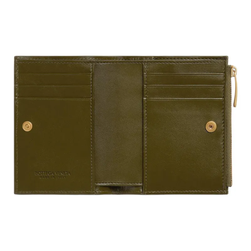 Bottega Veneta Intrecciato Calfskin Combined With Lambskin Wallet Small Size Women's Olive Green-3