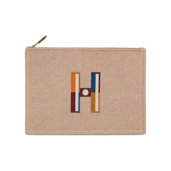 HERMES Cotton Storage Bags Clutches Large Size Women's Orange & Light Taupe