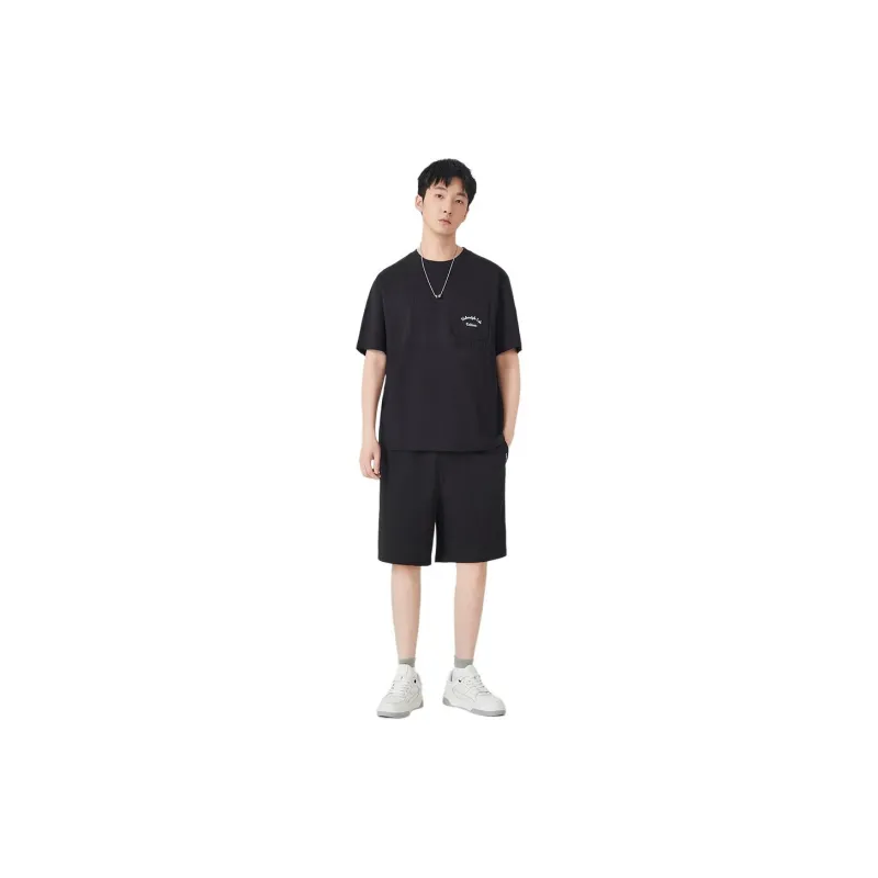 Cabbeen Drop Shoulder Sleeve T Shirt Men's Coal Black-2