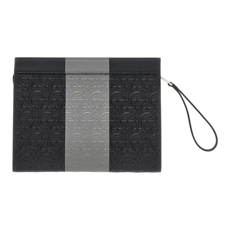 FERRAGAMO GANCINI Embossed Calfskin Clutch Men's Black & Gray-2