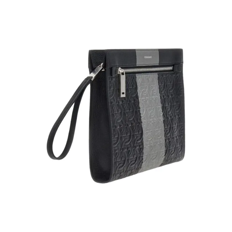 FERRAGAMO GANCINI Embossed Calfskin Clutch Men's Black & Gray-1
