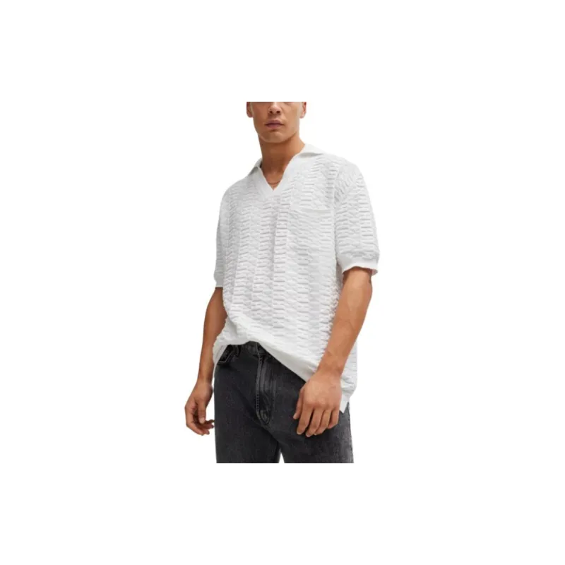 HUGO BOSS Cotton Sweater In Knitted Jacquard With Johnny Collar T Shirt Men's White-1