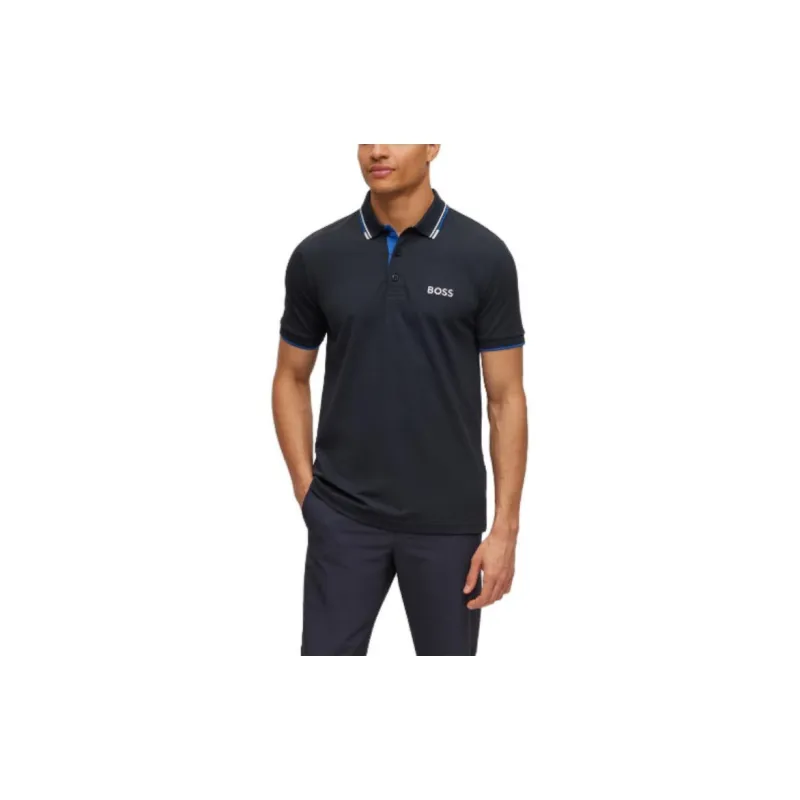 HUGO BOSS Logo embroidered Striped trim Piqué Polo Shirt-2