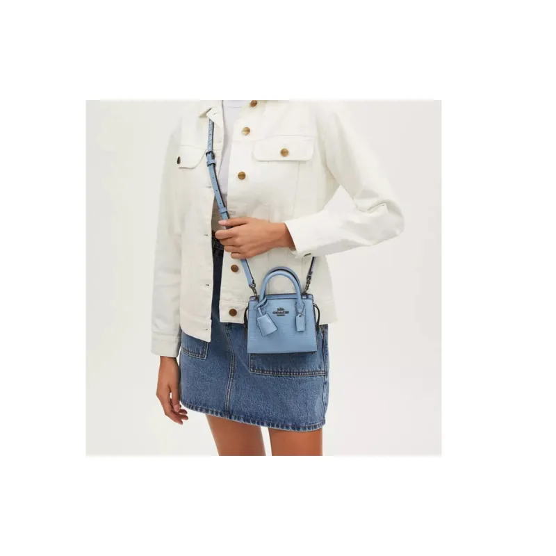 COACH Crocodile Embossed Leather Shoulder Bag, Crossbody Bag, Handbag Mini Women's Blue-3