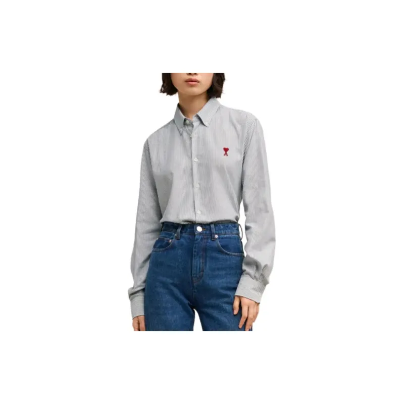 Ami Paris Ami De Coeur Logo Embroidered Pinstriped Shirt-4